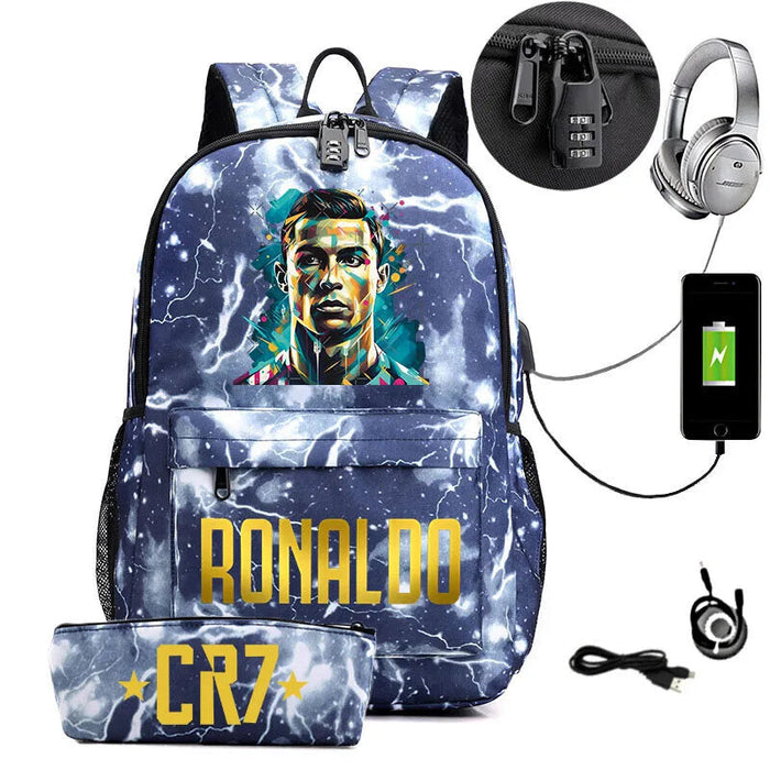 Ronaldo Printed Backpack With Usb And Lock 2 Piece Set