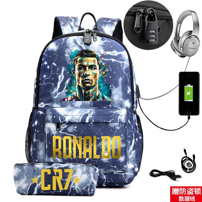 Ronaldo Printed Backpack With Usb And Lock 2 Piece Set