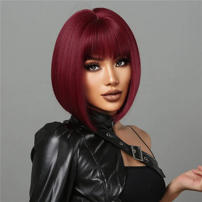 Burgundy Bob Wig With Thick Bangs