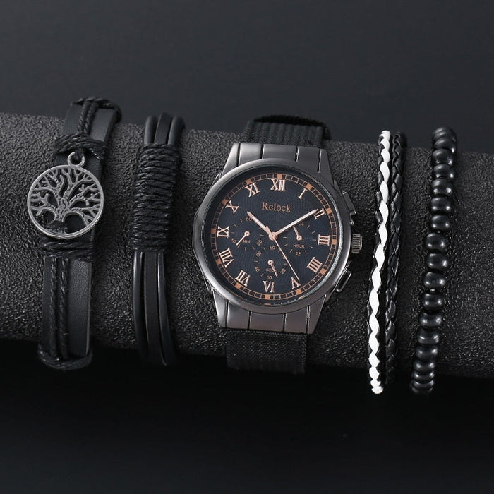 4pcs Brown Nylon Strap Quartz Watch With Bracelet For Men Casual Fashion Round Watch In Daily Sport