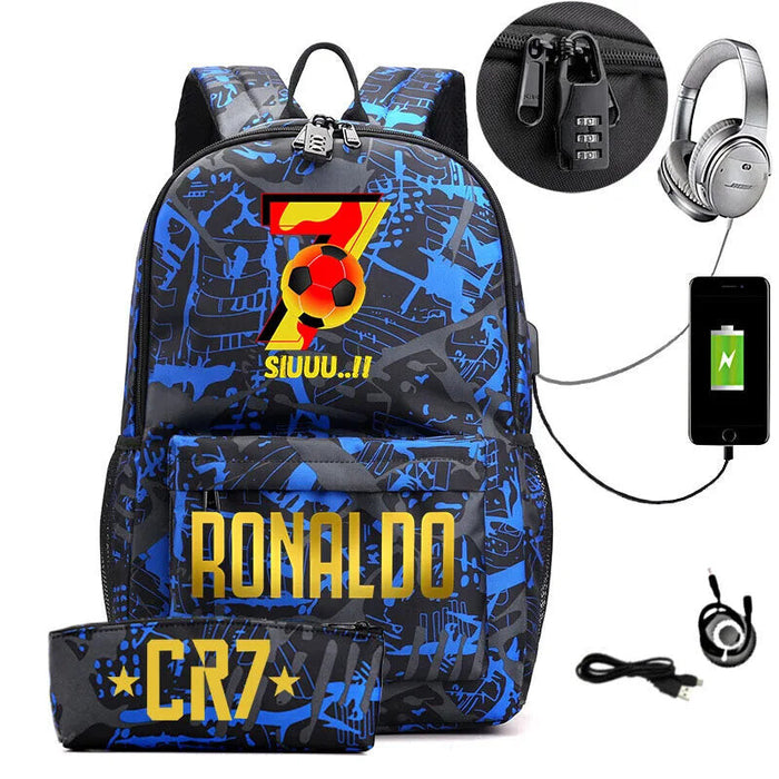 Ronaldo Printed Backpack With Usb And Lock 2 Piece Set