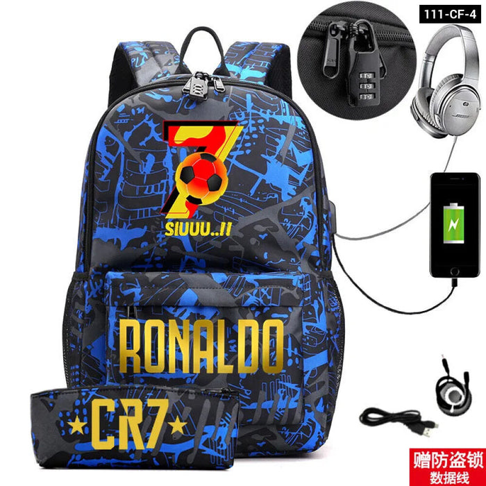 Ronaldo Printed Backpack With Usb And Lock 2 Piece Set