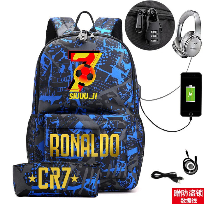 Ronaldo Printed Backpack With Usb And Lock 2 Piece Set