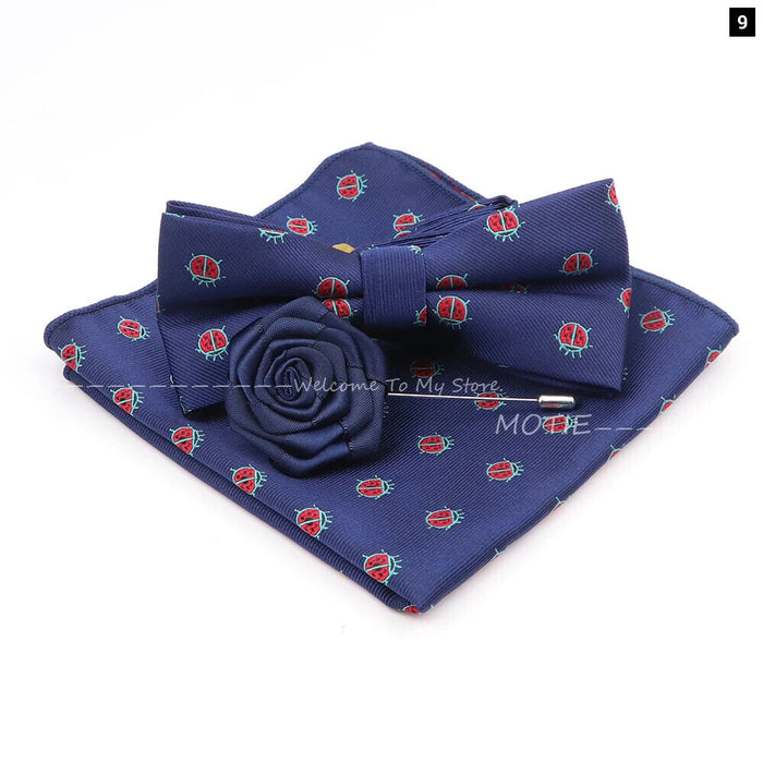 Cartoon Insect Bowtie Set Red Floral Brooches For Men