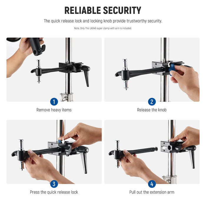 6 Extension Arm Super Clamp For Round Pipe And Flat Surfaces Heavy Duty Crab Pole Clamp With 5/8 Stud And 2.4 Jaw Grip