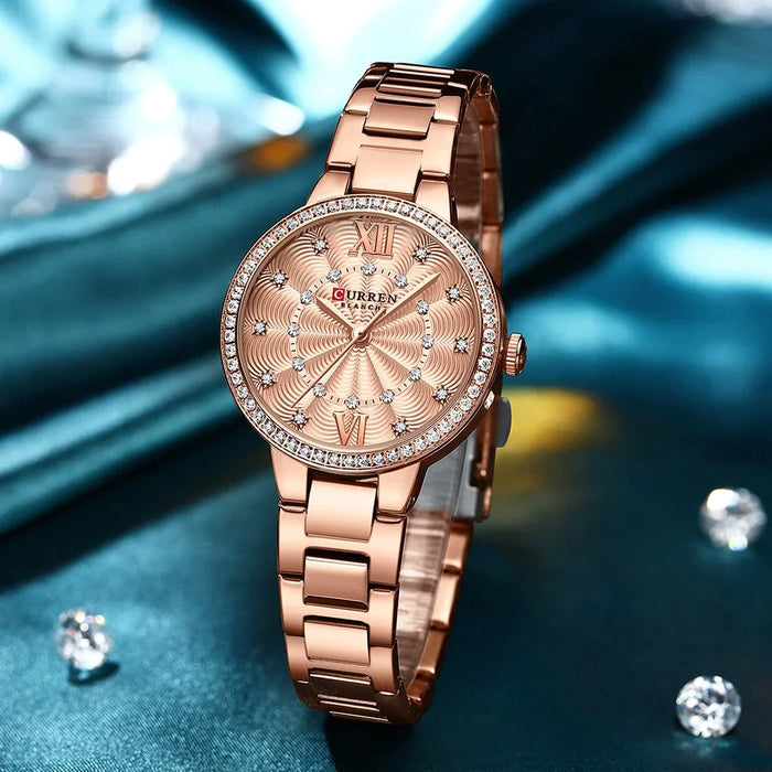 Quartz Wristwatches For Women Rhinestones Rose Dial Fashion Watches With Stainless Steel