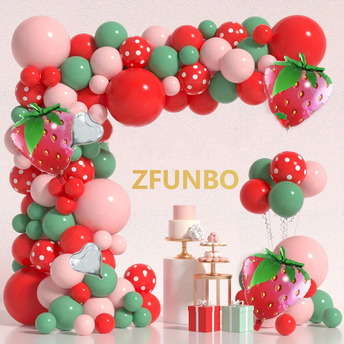 130Pcs Red And Green Strawberry Balloon Arch Kit Berry Sweet Birthday Party Decorative Wreath Suitable For Birthday Parties Prom
