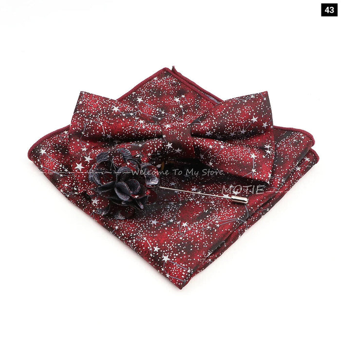 Blue Floral Pocket Square Set Bowtie Cufflink Brooch For Weddings