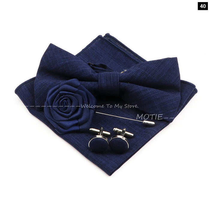 Classic Bowtie Set With Handkerchief Cufflink And Brooch