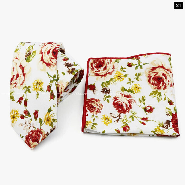 Floral Cotton Ties And Pocket Square Set For Business And Weddings