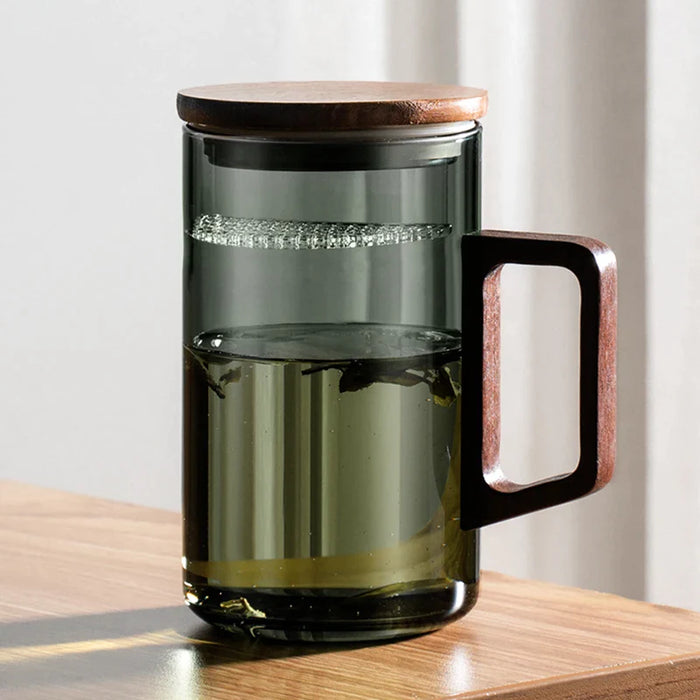 500Ml Glass Coffee Mug With Wooden Handle