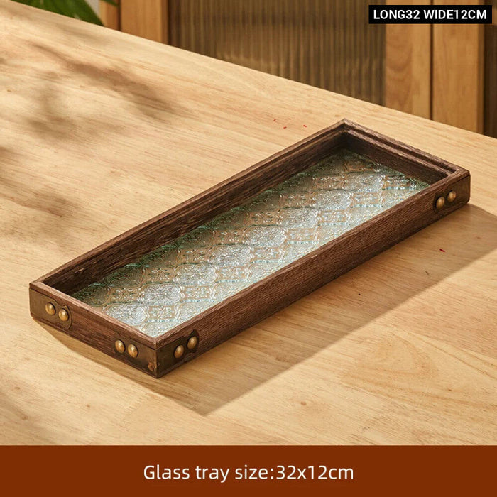 Rectangular Glass Wooden Tray For Living Room Snacks And Tea