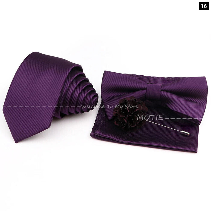 Tie Set Solid Colour Bowtie Handkerchief Brooch Cufflink For Business Weddings And Gifts