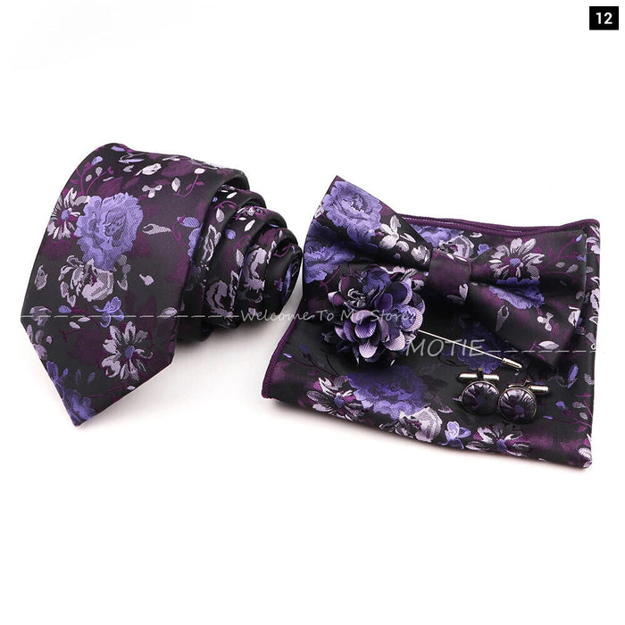 Graceful Floral Tie Set Purple Blue Pocket Square