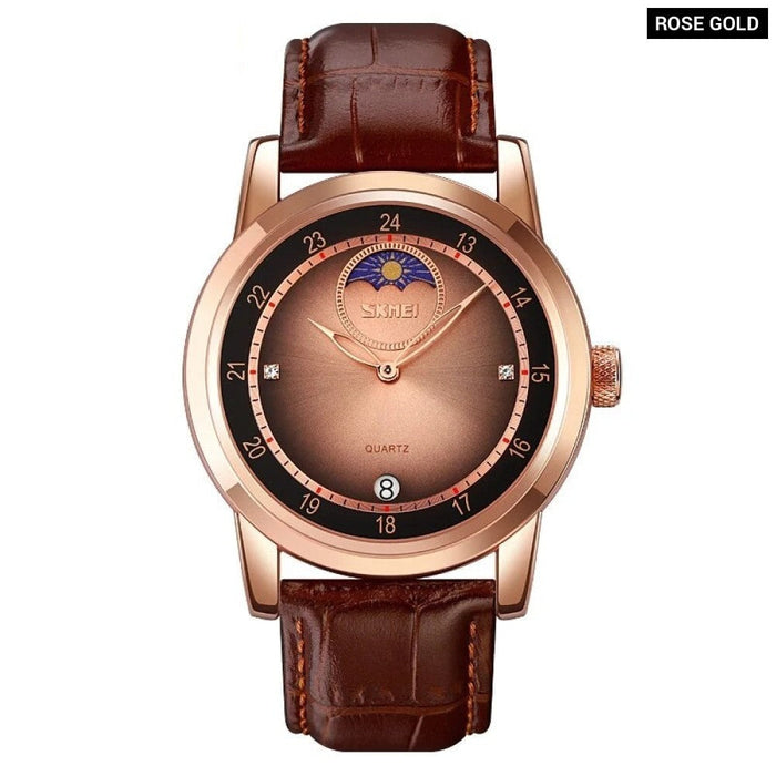 Men's PU Band Leather Analog Display Quartz 3ATM 30M Water Resistant Rose Gold Wristwatch