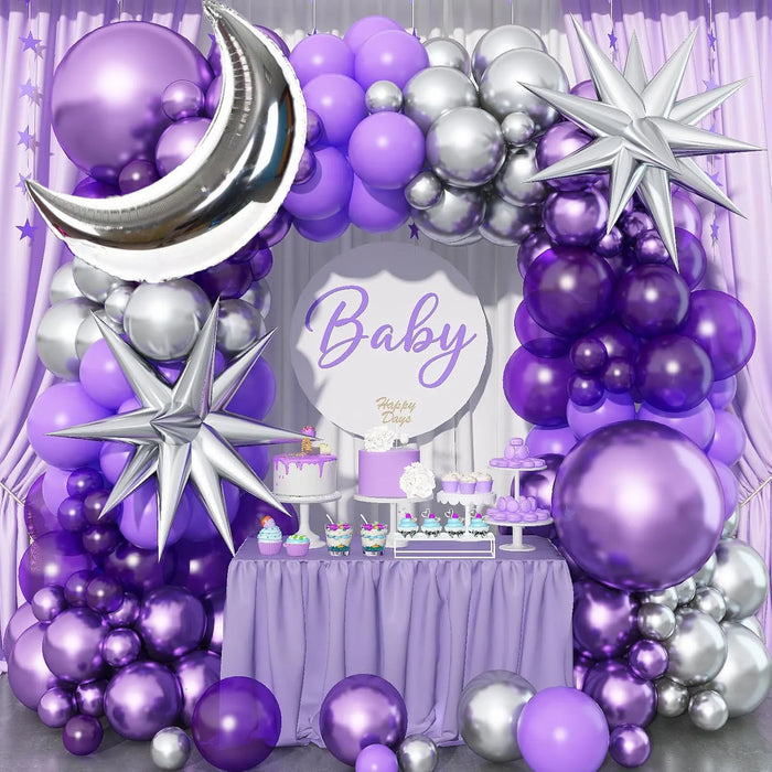 133Pcs Dark Purple Balloon Arch Set Lilac And Metallic Purple Silver Moon Suitable For Outdoor Decoration On Ramadan Anniversary