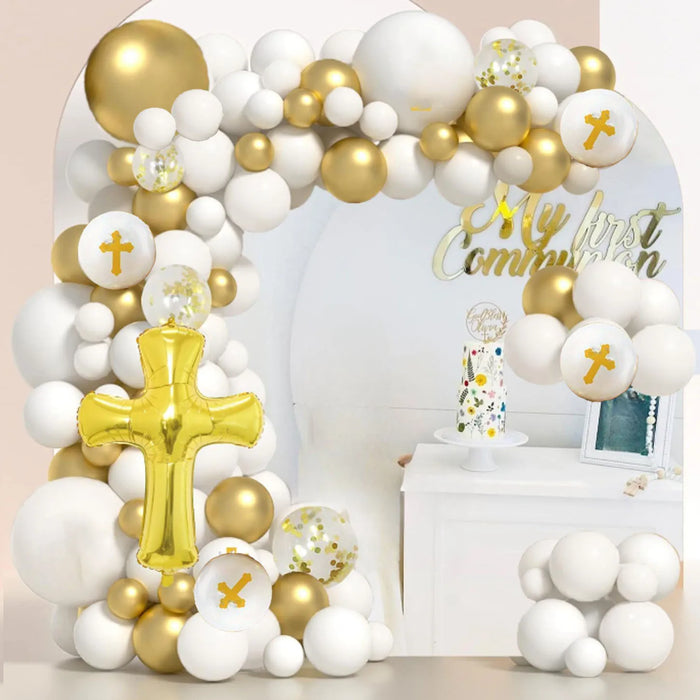 100Pcs White Gold First Communion Balloon Garland Arch Kit For First Communion Decoration God Bless Christening Party Decoration