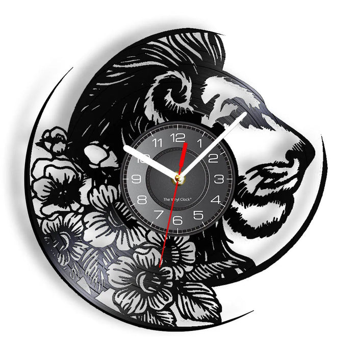 Wild Lion Floral Vinyl Record Wall Clock