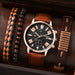 4pcs Black Round Quartz Watch With Pu Leather Bracelet Men