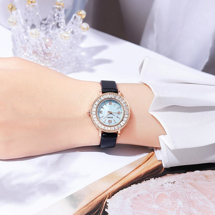 Women's PU Band Leather Analog Gradient Display Quartz 3ATM 30M Water Resistant Wristwatch