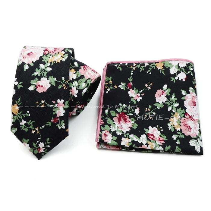 Floral Cotton Ties And Pocket Square Set For Business And Weddings