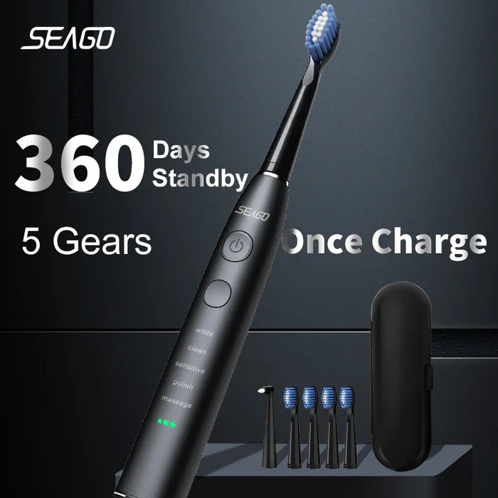 USB Rechargeable Sonic Toothbrush 360 Day Battery Ipx7 4 Heads With Travel Box