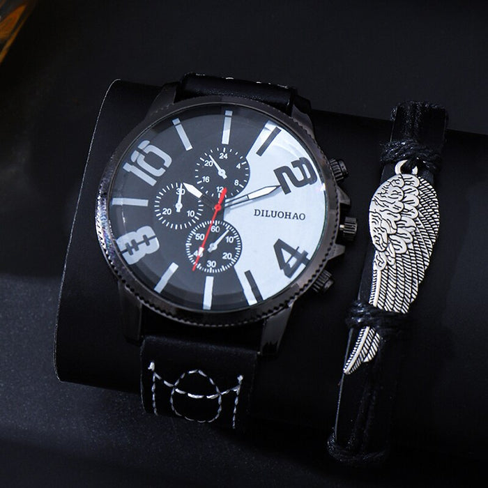 2pcs Big Dial Quartz Wristwatch Luxury Men Leather Business Casual Watch Bracelet Fashion For Daily Sports