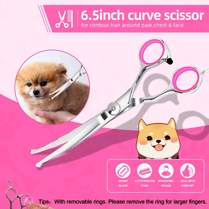 Stainless Steel Dog Grooming Scissors Set Safe Ergonomic Pet Trimmer Kit With Thinning Straight And Curved Shears Comb