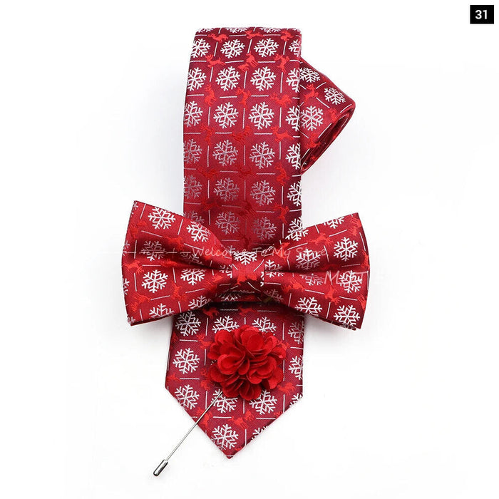 Christmas Tie Set Red Snowflake Bowtie And Brooches For Parties And Gifts