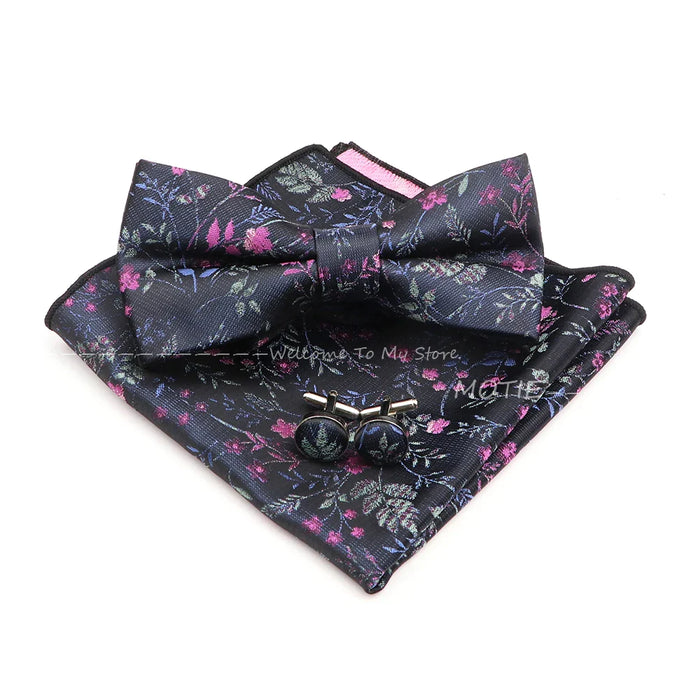 Blue Floral Pocket Square Set Bowtie Cufflink Brooch For Weddings