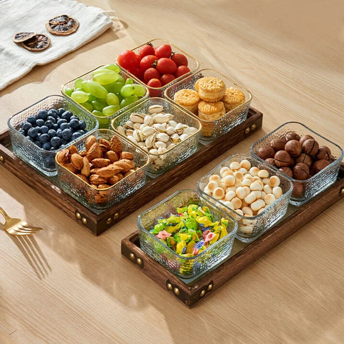 Rectangular Glass Wooden Tray For Living Room Snacks And Tea