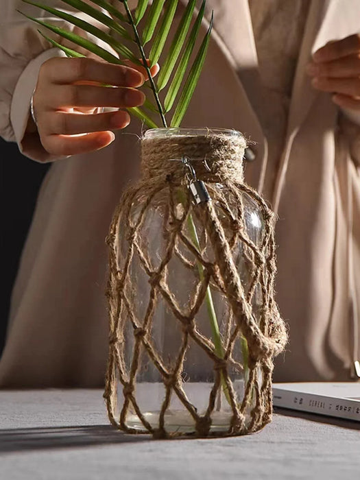 Rustic Hanging Glass Vase With Hemp Rope