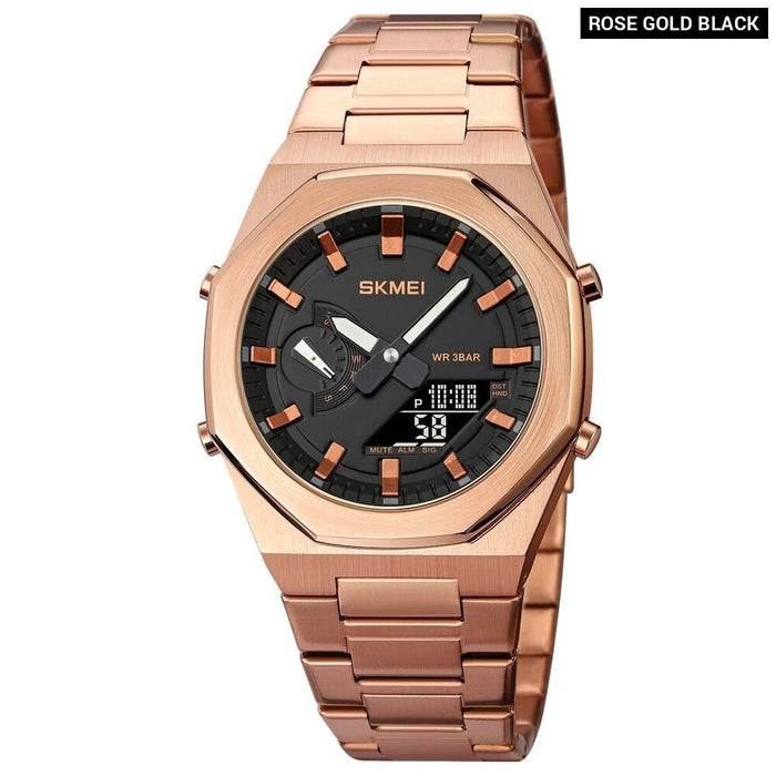 Men's Stainless Steel Band Digital Analog Date Calendar Display Dual Display 3ATM 30M Water Resistant Wristwatch