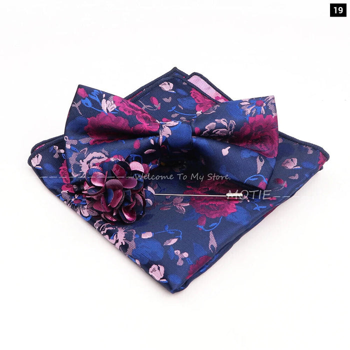 Blue Floral Pocket Square Set Bowtie Cufflink Brooch For Weddings