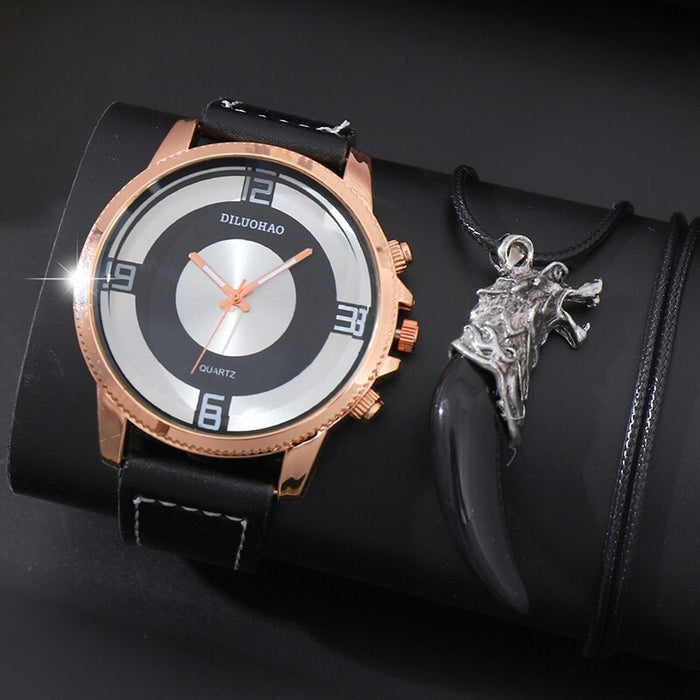 2pcs Black Round Quartz Watch With Pendant Necklace Men Leather Business Casual Watch Fashion For Daily Sports