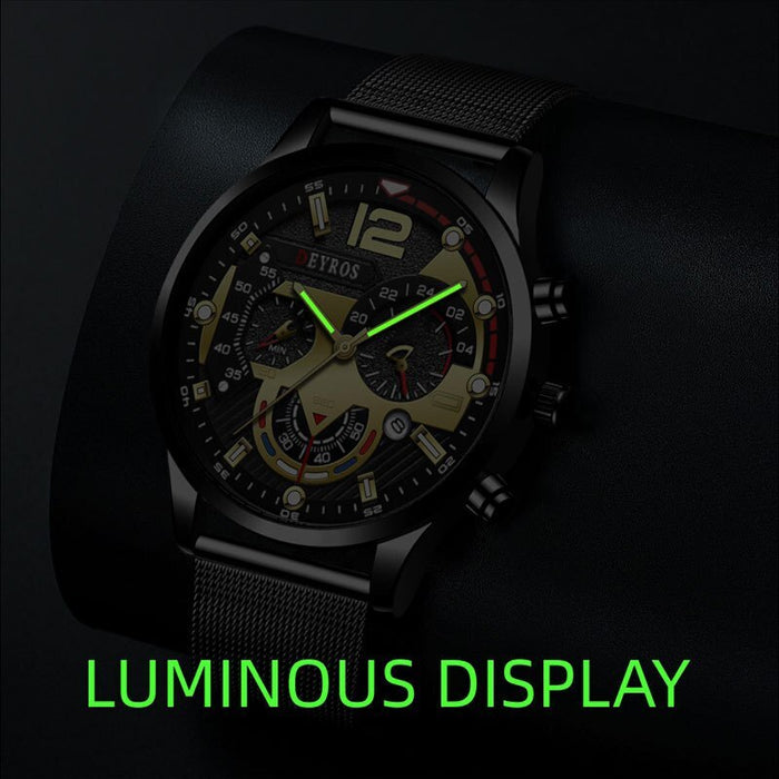 3PCS Fashion Men Calendar Watches Luxury Men Business Steel Mesh Belt Quartz Wristwatch Leather Bracelet Necklace Watch