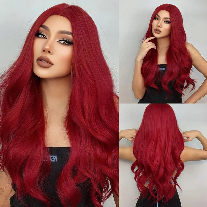 Long Wavy Pink Wig For Women Middle Part Cosplay Synthetic Hair Heat Resistant Natural Look