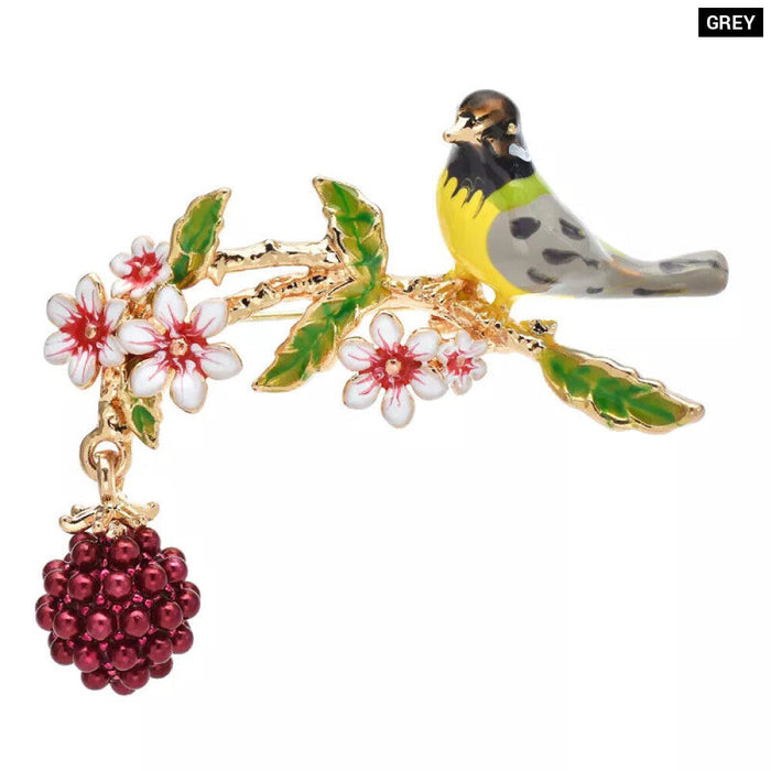 Enamel Fruits Bird Brooch 2 Colour Beauty Bird On Flower Branch Pin