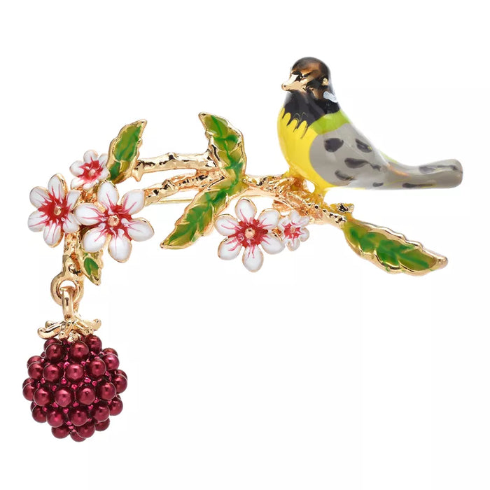 Enamel Fruits Bird Brooch 2 Colour Beauty Bird On Flower Branch Pin