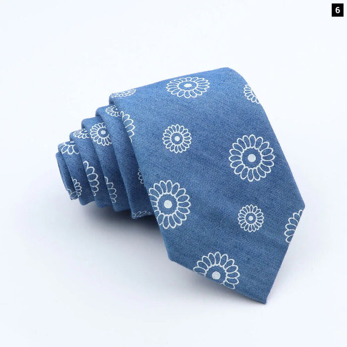 Classic Denim Floral Tie 7cm Skinny Cotton Feather Dot Mens