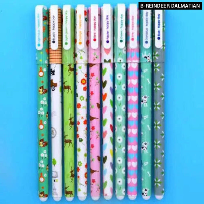 10 Piece Gel Pen Set Floral Animal Starry Designs 0.5Mm Tip