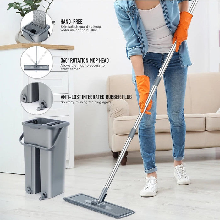 Hand Free Floor Mop And Bucket Set With Washable Microfiber Pads For Hardwood