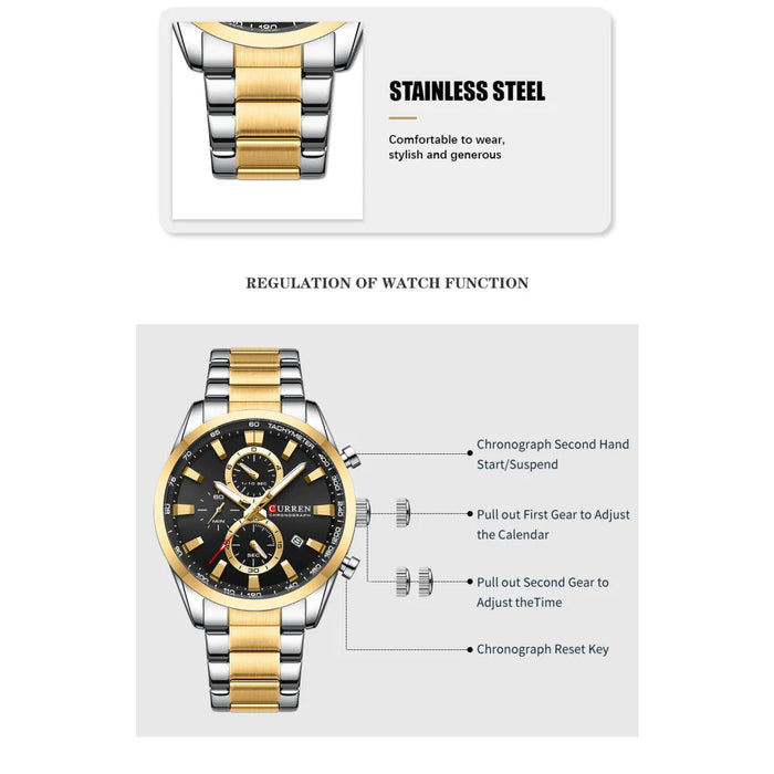 Multifunction Quartz Wristwatch With Sub-Dials Stainless Steel Bracelet Clock Diameter 44Mm