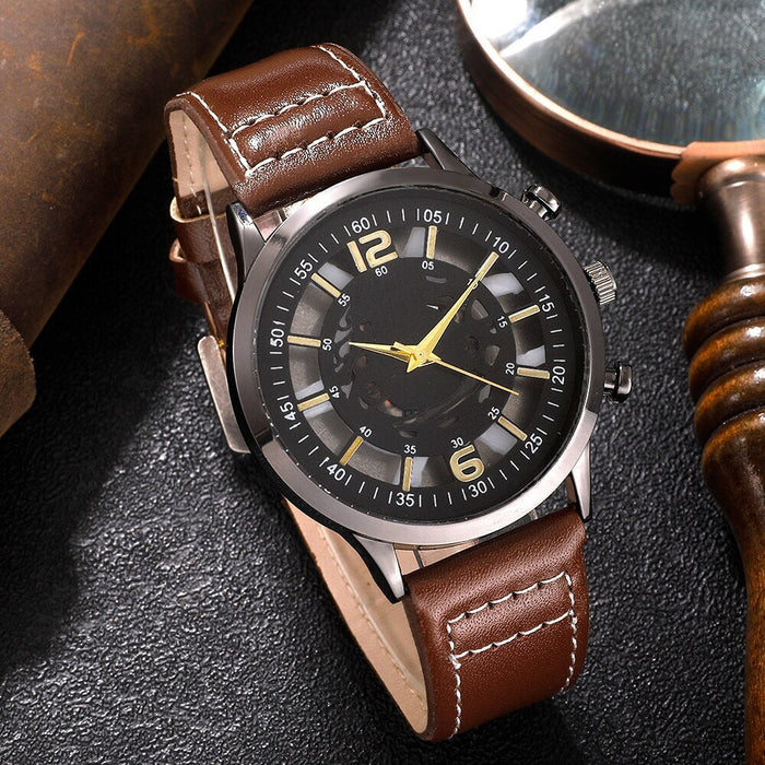 Hollow Out Men Watch Luxury Bracelet Set Fashion Business Brown Leather Quartz Wrist Watches for Men