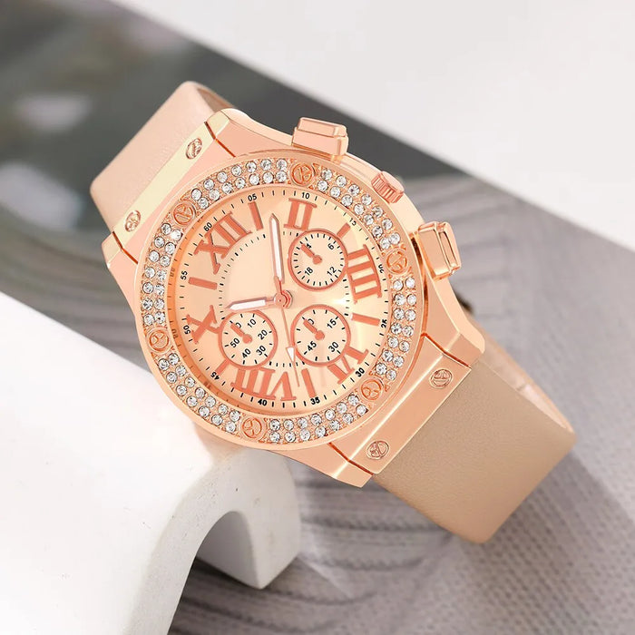 5Pcs Set Fashion Women Jewelry Watches Ladies Dress Leather Quartz Watch Rhinestone Womens Necklace Earrings Bracelet Wristwatch