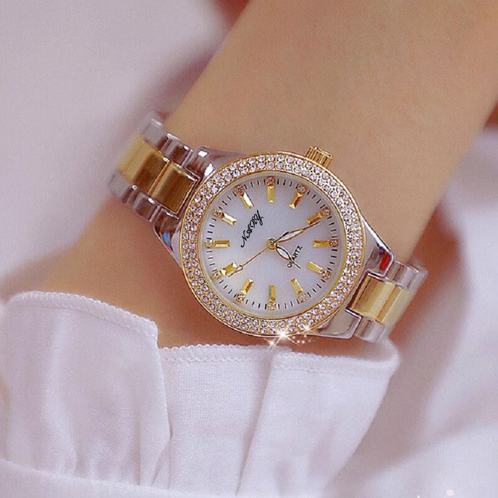 Women'S Elegant Casual Goldn Watch Crystal Diamond Inlaid Watch Stainless Steel Silver Waterproof Quartz Watch