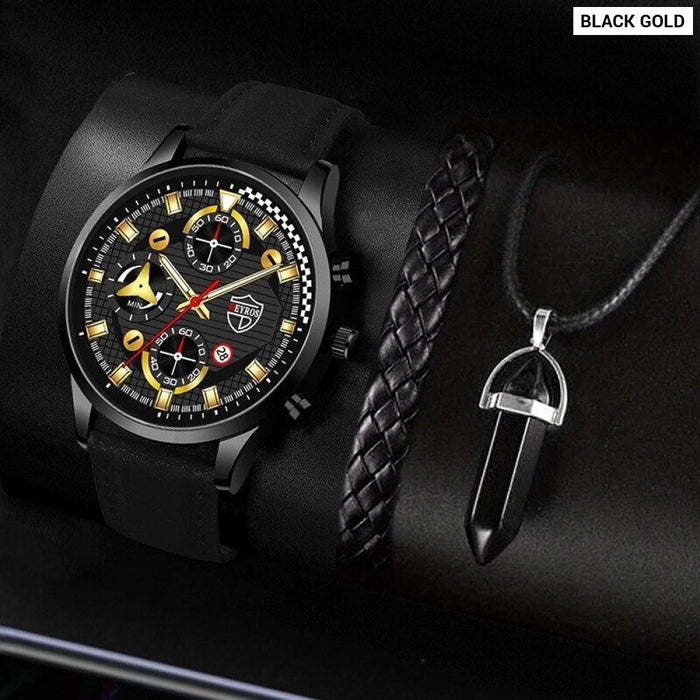 3PCS Set Fashion Mens Sports Bracelet Necklace Watches For Men Business Quartz Wrist Watch Classic Male Casual Leather Watch