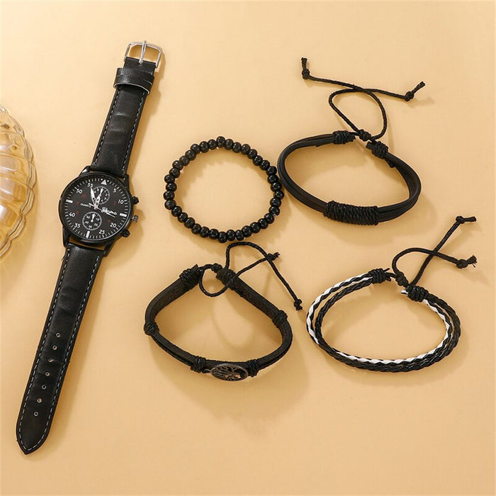 5PCS Set Fashion Mens Sports Watches Man Business Quartz Wristwatch Leather Bracelet Men Casual Clock Watch