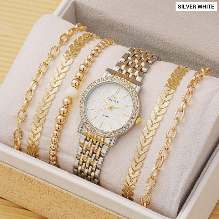 6Pcs Dainty Quartz Watches Simple Bracelet Women Leisure Casual Round Pointer Rhinestone Dial Watch Wheat Bracelet Set