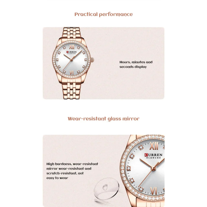 Stainless Steel Charming Rhinestone Rose Dial Quartz Watches For Women